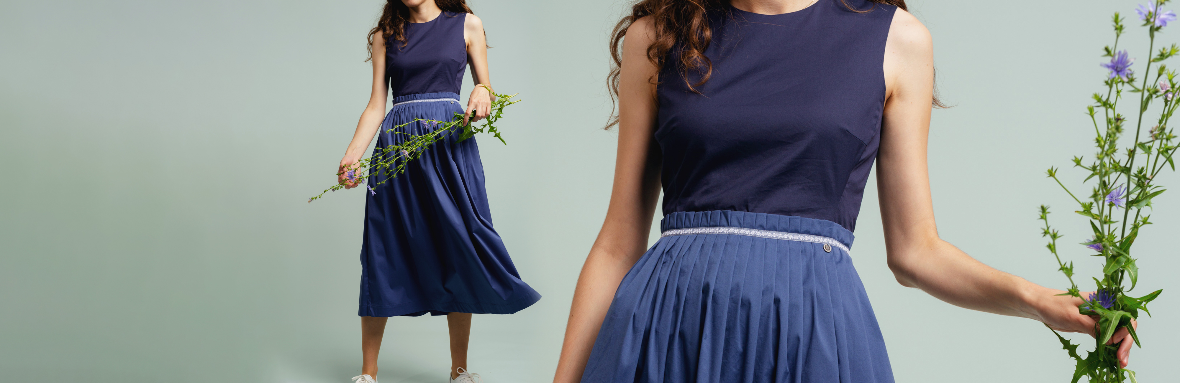 Zwei Modellbilder mit blauem Kleid Elfriede im Anschnitt