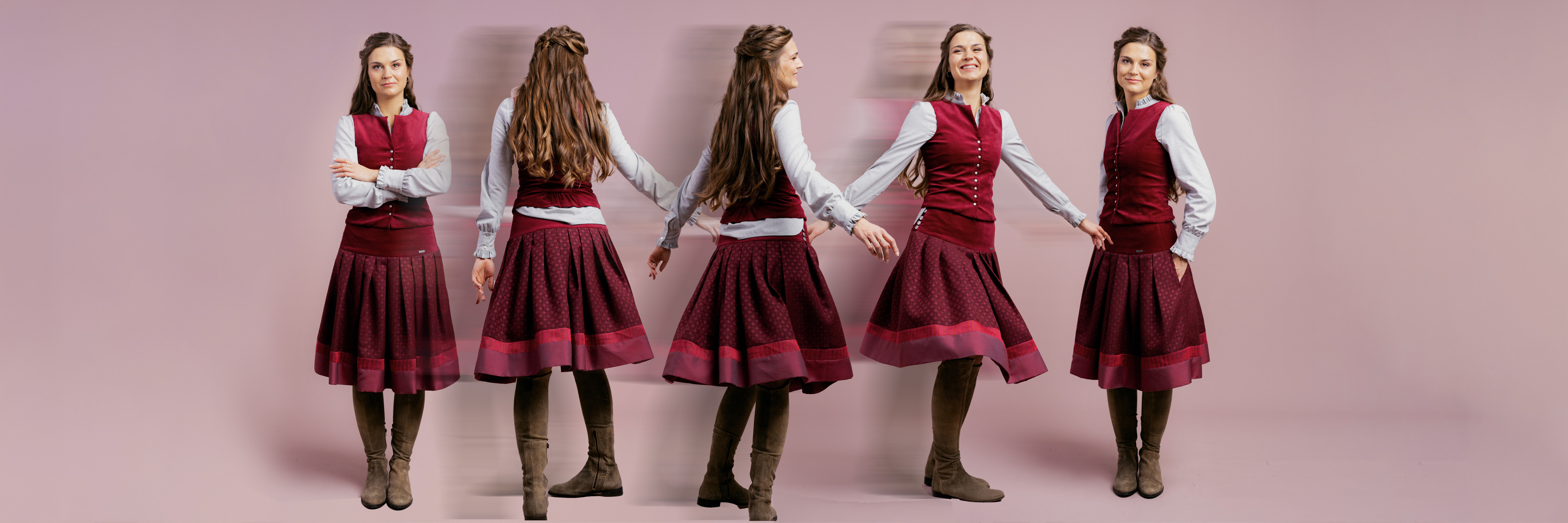 Frau trägt roten Rock und passende Weste von Rockmacherin, inspiriert von Tracht und moderner Mode, nachhaltige Handarbeit.